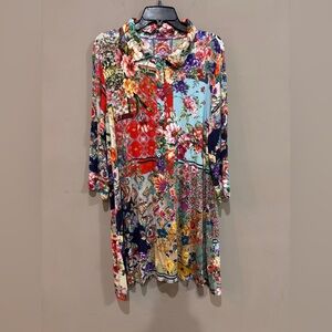 Johnny Was Otti Floral Polo Tunic Dress XL Boho Patchwork Multicolor